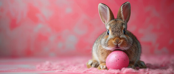 A brown bunny playfully licks a pink Easter egg in a festive setup, embodying the joyful spirit of the season