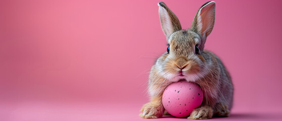 The image captures a brown rabbit peeking from behind a speckled pink Easter egg against a pink backdrop