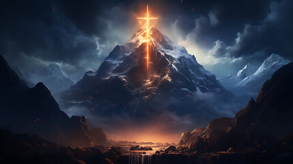 northen lights, dark orange, ultramarine bleu, with big mountains infront and black trees in the front, realistic, jesus cross on the mountain in light, trending on artstation, sharp focus - obrazy, fototapety, plakaty