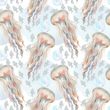 Jellyfish, fish, bubbles watercolor seamless pattern. Hand drawn illustration for wrapping paper, covers, scrapbooking, wallpaper, fabric, beachwear.
