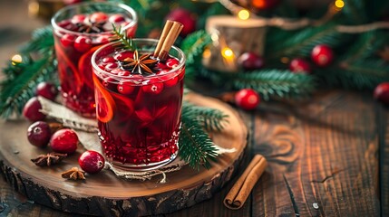 Christmas mulled wine with fruit cranberries and spices on wooden background