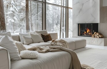 A cozy living room with white sofas, soft blankets and pillows, large windows overlooking snow-covered trees outside, modern fireplace