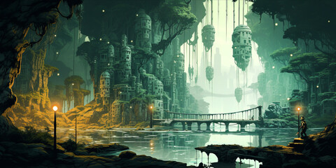 Fantasy world with surrealistic cave environment and fairy-tail houses.
