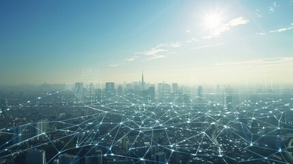 Digital Connectivity Over Urban Horizons: A High-Definition Aerial Shot of a Cityscape Intertwined with Network Diagram Graphics Under the Clear Blue Sky.