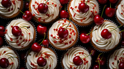 Overhead view of cupcakes topped with piped buttercream, white chocolate flakes and Maraschino cherries - obrazy, fototapety, plakaty