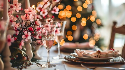 christmas table setting with pink blossoms - Powered by Adobe