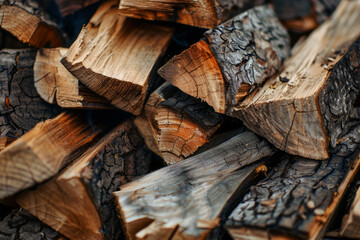 Close-up of chopped firewood pile with intricate textures and patterns highlighted by dramatic lighting