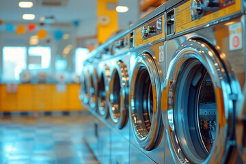 Row of high-efficiency washing machines in a bright, modern laundromat - obrazy, fototapety, plakaty