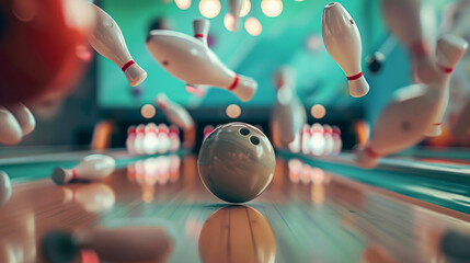 Energetic strike in a bowling game with ball hitting pins and sparks flying - obrazy, fototapety, plakaty