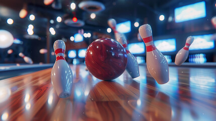 Energetic strike in a bowling game with ball hitting pins and sparks flying