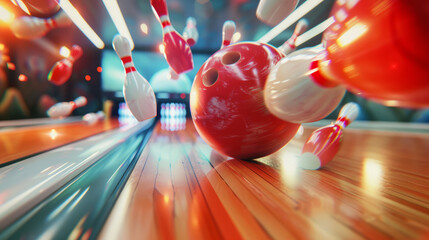 Energetic strike in a bowling game with ball hitting pins and sparks flying - obrazy, fototapety, plakaty