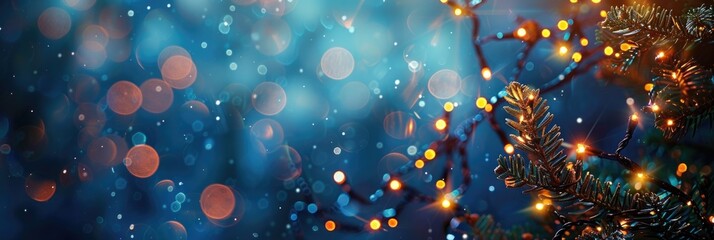 Lights Background. Christmas Garland Bokeh Lights Over Dark Blue Background