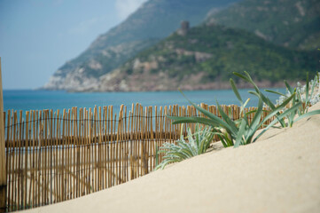 view of the beach with fence and plants, on background the Black tower at Porto Ferro, Alghero, Sassari, Sardinia, Italy