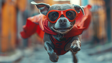 Energetic dog dressed as a superhero gliding through a rustic urban alley