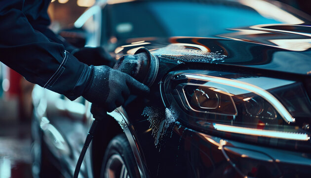 Car Detailing - A Man Holds a Polisher in His Hand and Polishes the Car. Selective Focus.





