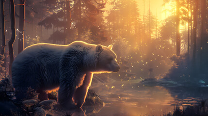 A Bear unicorn in the magical forest, glowing light and sparkles everywhere, stars shining through trees, magical fantasy scene - obrazy, fototapety, plakaty