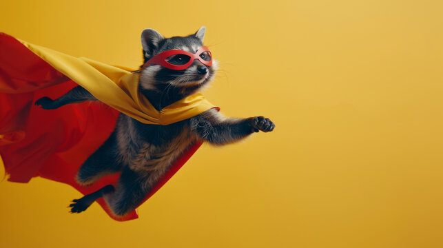 Captivating image of a raccoon dressed as a superhero with a flowing cape and eye mask flying dynamically
