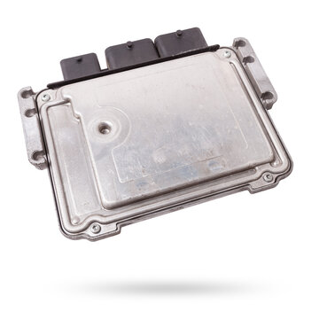 Plastic car engine control unit with metal elements on a white isolated background is the connecting center of various subsystems, units and assemblies. Monitoring the state of the moment. Spare part