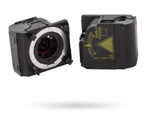 Spare part metall car engine control unit with metal elements on a white isolated background is the...