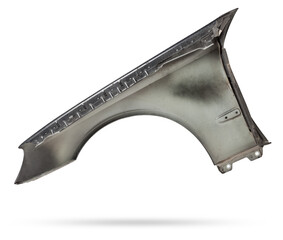 Black metallic fender on a white isolated background in a photo studio for sale or replacement in a car service. Mudguard on auto-parsing for repair or a device to protect the body from dirt.