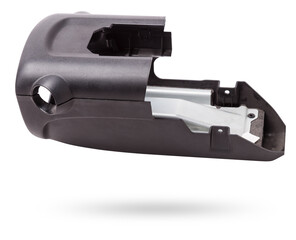 Black plastic steering column cover close-up on white isolated background. Spare parts catalog for tuning vehicles.