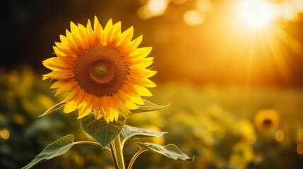 Summer sunflower banner with blurred nature background for agricultural promotion