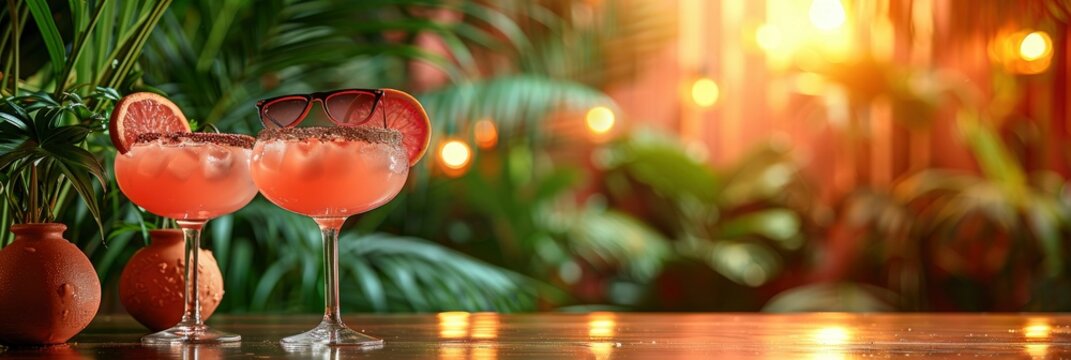 Pink Flamingo Punchbowl Cocktails Sunglass, Background HD, Illustrations