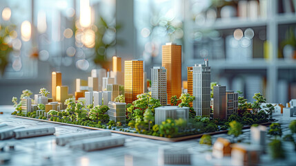 A detailed city model on a table showcasing skyscrapers, roads, parks, and buildings