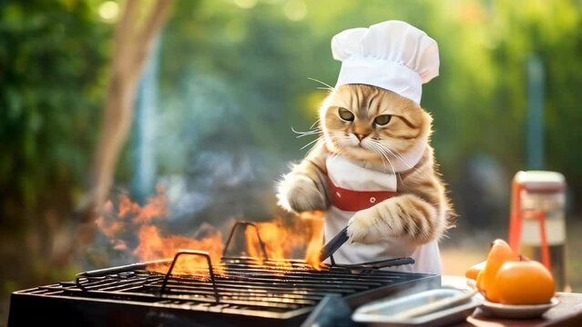 Funny cat chef cooking a barbeque at grill