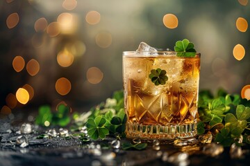 Whisky on a table, ice-filled, surrounded by shamrocks and clovers with a pleasing bokeh background.