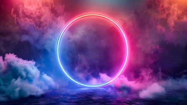 Abstract composition of a neon circle and clouds or steam around