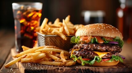 fresh cheeseburger with glass of cola and pile of french fries on wooden table
