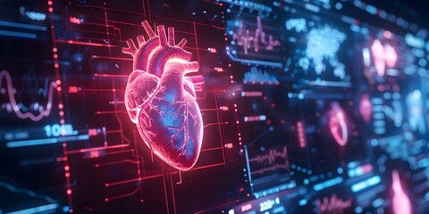 Key Facts and Tips for Preventing and Detecting Heart Disease: Illustrated through a Holographic Display. Concept Heart Disease, Prevention Tips, Key Facts, Holographic Display, Detection Methods - obrazy, fototapety, plakaty