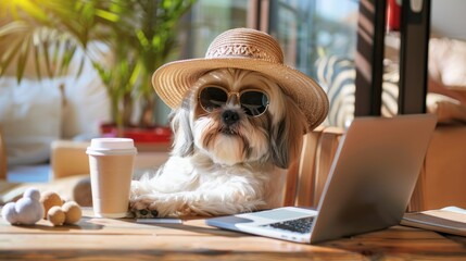 Shih Tzu sporting sunglasses and a sunhat, laptop work, dog toys and a latte on the desk