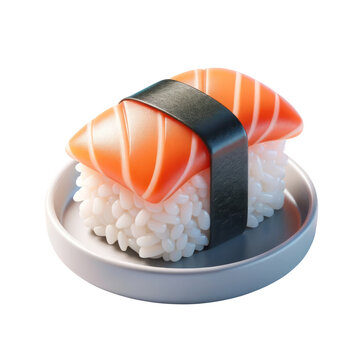 A sushi roll with a black band is on a white plate, catering , italy food, industry ,3D render, isolated on a transparent background