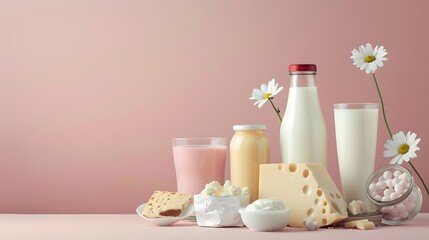 Assorted Dairy Products on a Pastel Pink Background, Healthy Food Concept, Fresh Milk and Cheese Display. AI