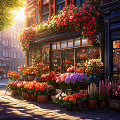 Fototapeta na wymiar a flower shop in the street, Generative AI