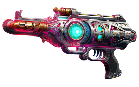 Vintage-Style Neon Ray Gun Isolated On Transparent Background PNG.