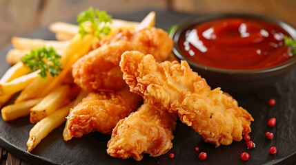 Fried chicken tenders or strips served with ketchup and fries