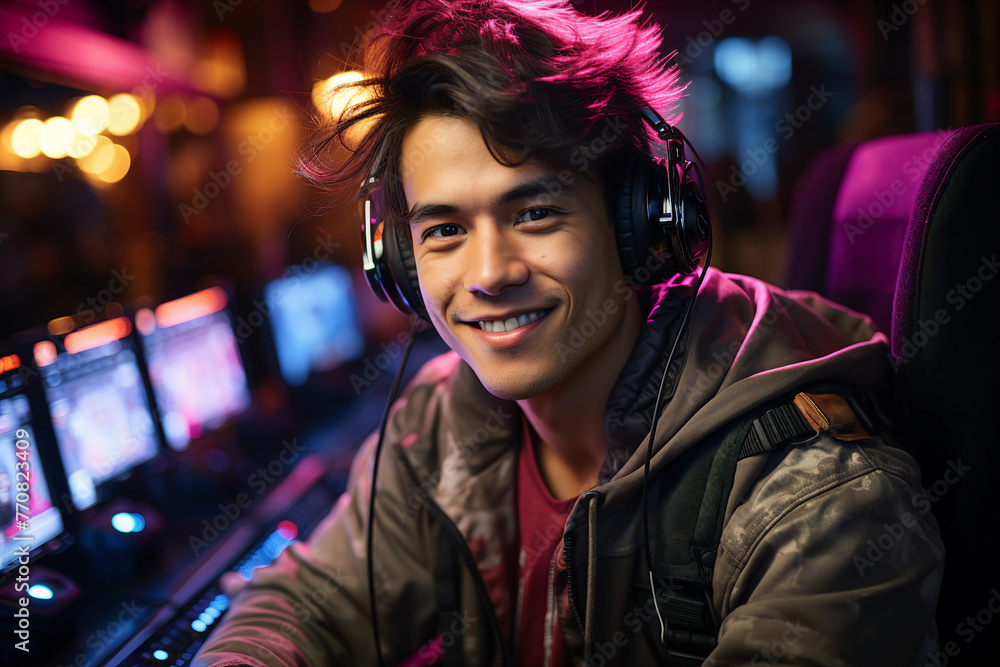 Poster generative ai image of funny gamer in headphones and playing online game on pc computer