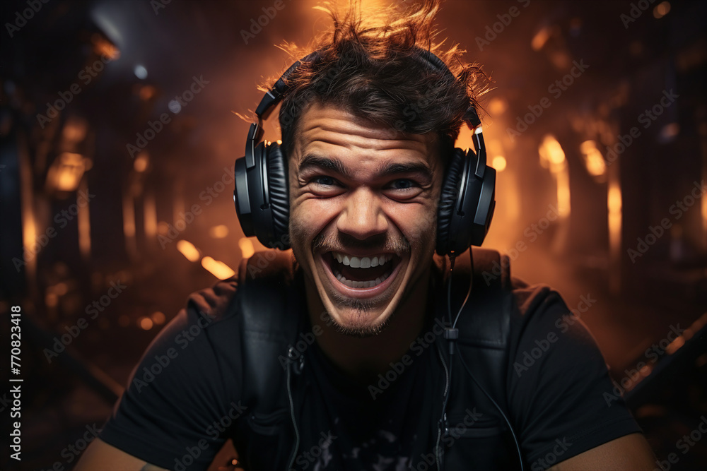 Poster generative ai picture of gamer playing game with computer on dark background