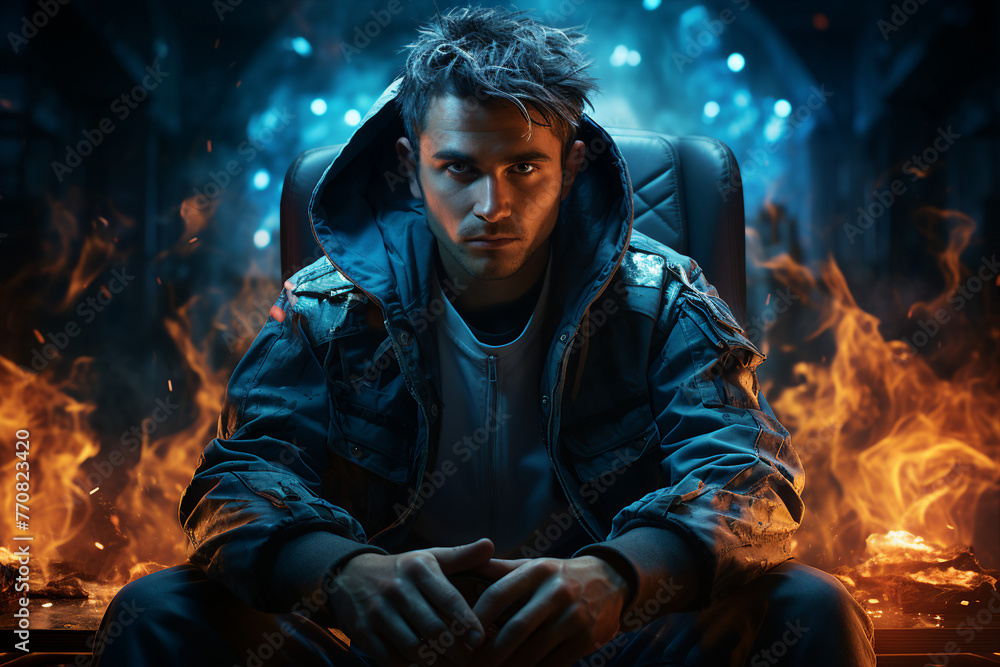 Poster generative ai picture of gamer playing game with computer on dark background