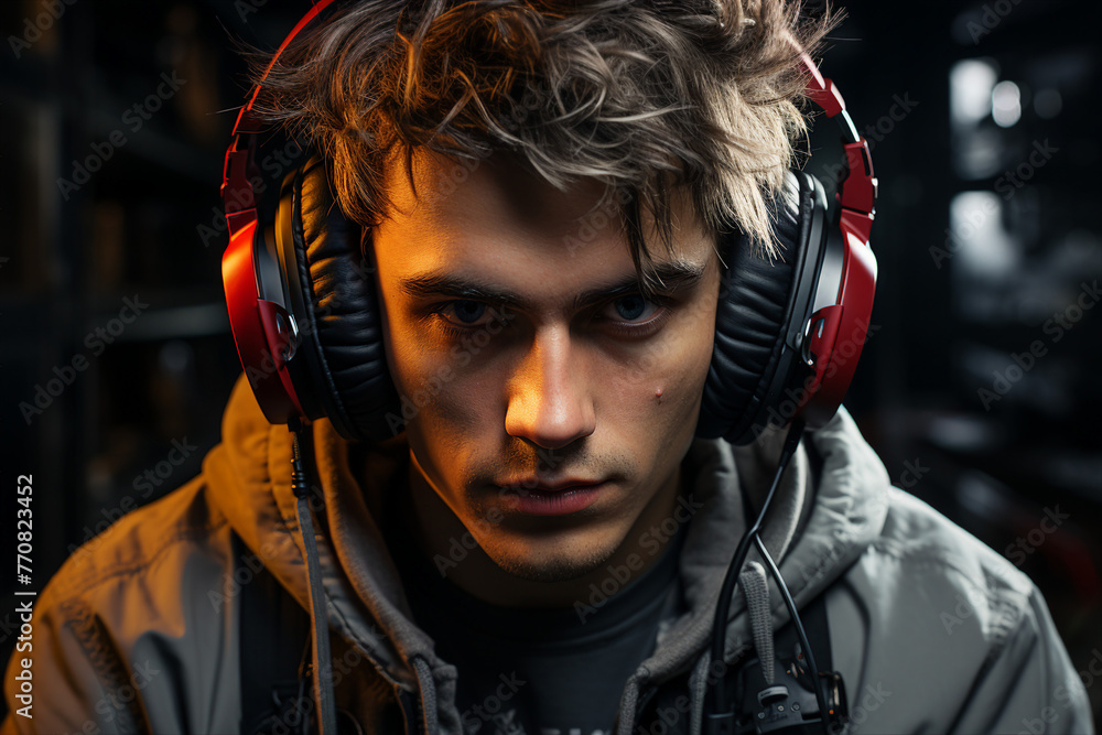 Poster generative ai picture of gamer playing game with computer on dark background