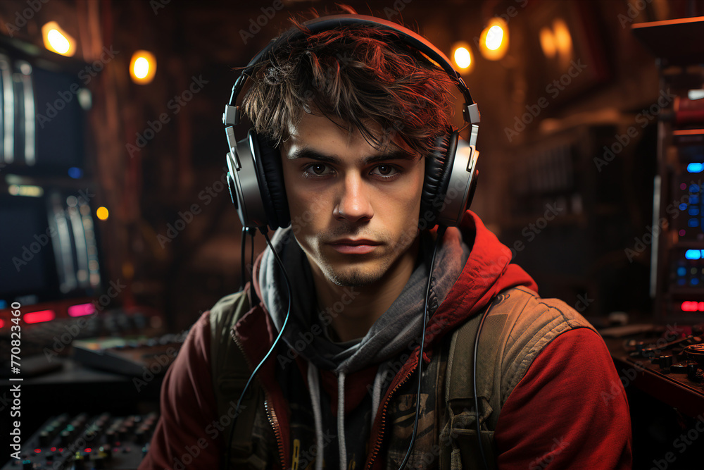 Poster generative ai picture of gamer playing game with computer on dark background