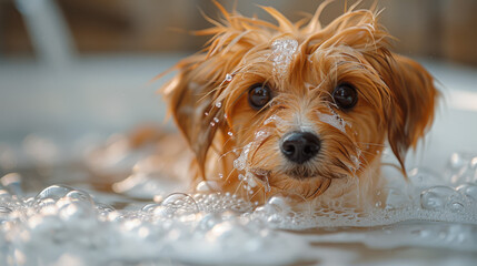 A close-up image capturing the curious look of a soaked Yorkshire Terrier amidst sparkling bath bubbles