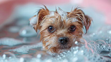 An adorable Yorkshire Terrier's face framed by a multitude of glistening soap suds during bath time