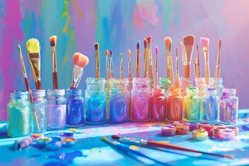 Glass jars, artistically arranged with paintbrushes and a blank canvas.