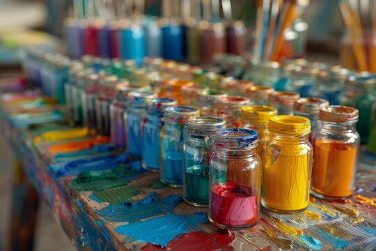 Glass jars, artistically arranged with paintbrushes and a blank canvas.