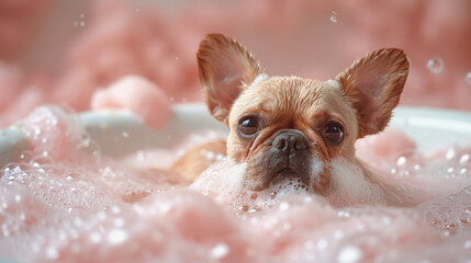 The whimsical face of a French Bulldog enjoying a soothing bubble bath, eyes expressing contemplation