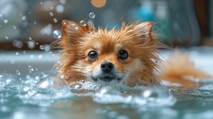 Cute Pomeranian dog surrounded by rising bubbles while taking a relaxing bath, showcasing its wet fur and endearing eyes